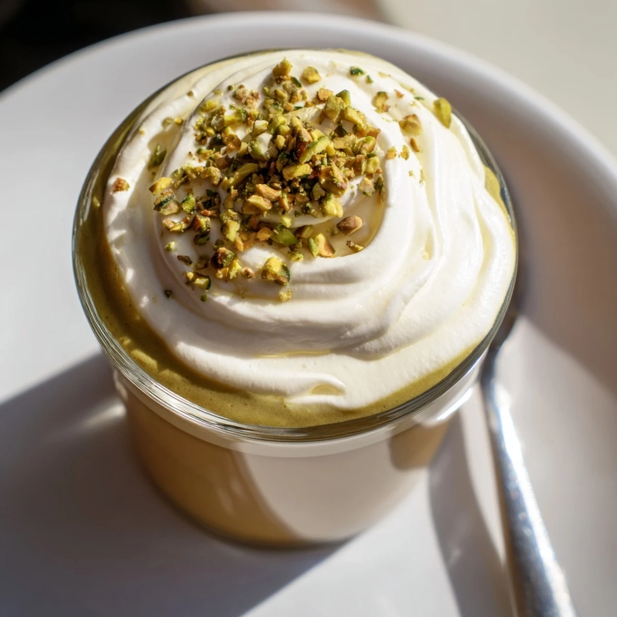 A tall glass shows off the rich colors of the homemade Pistachio Latte, perfect for a cozy afternoon.