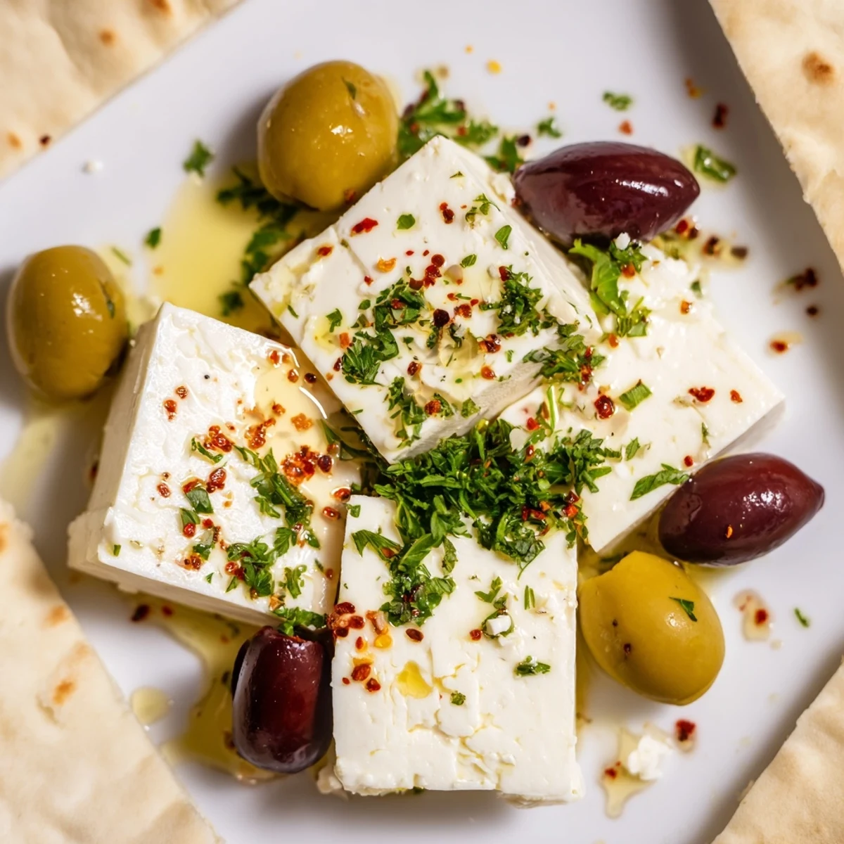 A close-up of a Turkish Olives & Cheese Board, brimming with olives, cheeses, and warm pita.