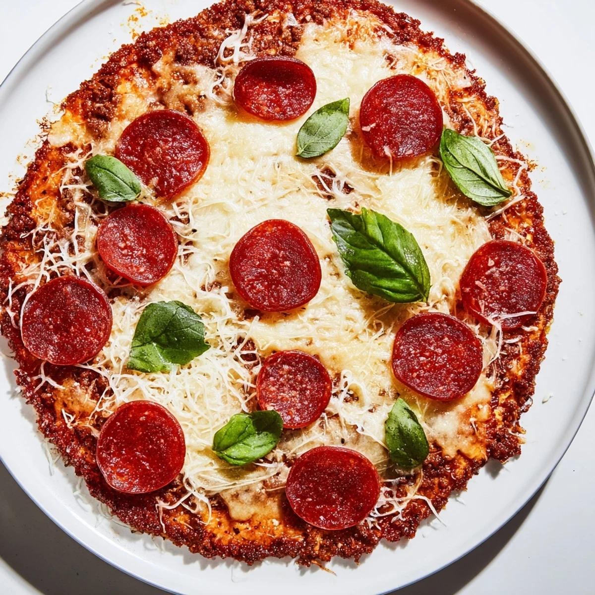 Imagine a delicious low carb ground beef pizza base, complete with herbs, sauce, and toppings.