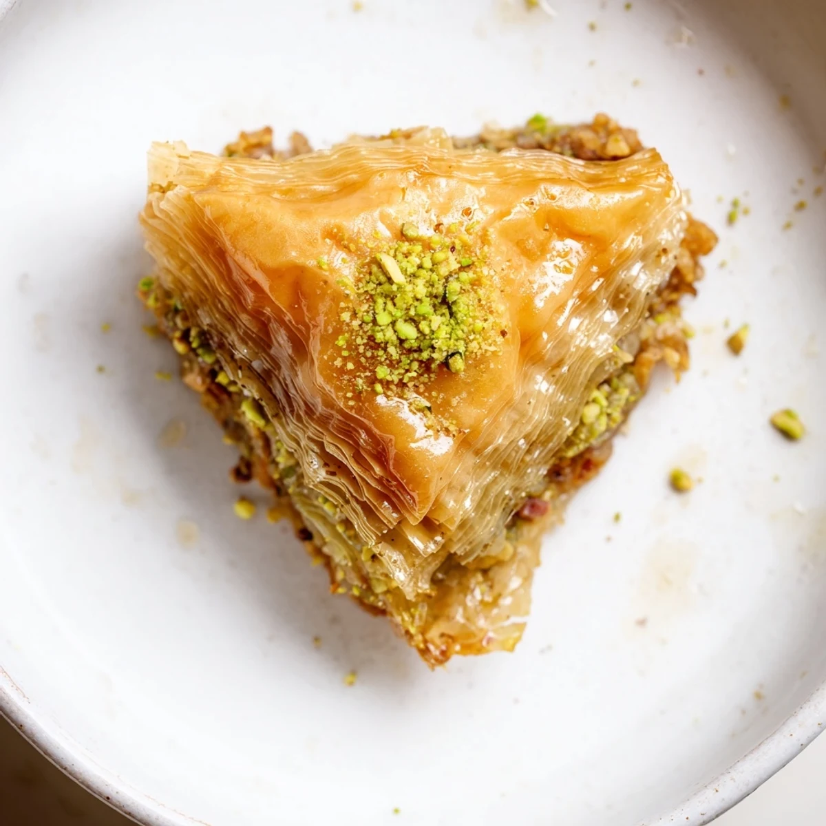 A close-up shot of homemade Turkish Hazelnut & Pistachio Baklava, overflowing with chopped nuts and baked to perfection.