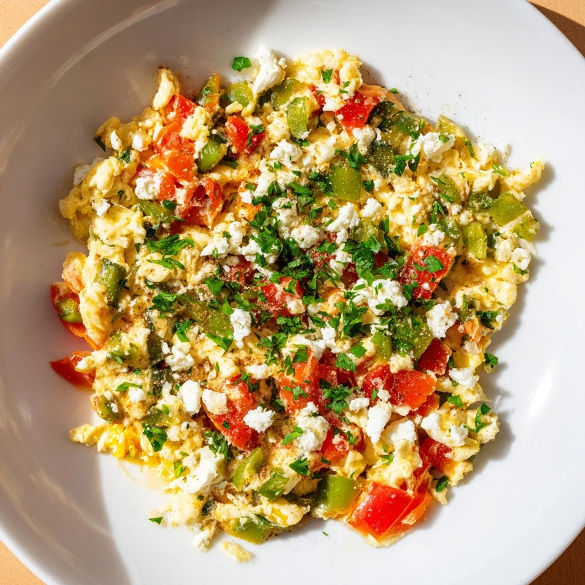 A fragrant skillet of Turkish menemen with fresh herbs, ready for serving with crusty bread, a delicious vegetarian meal.
