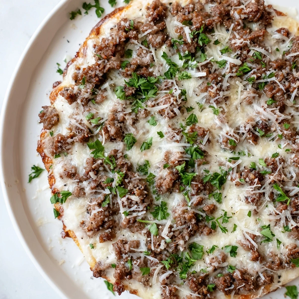Ground Beef Alfredo Pizza, a cheesy delight with browned beef and creamy Alfredo sauce, ready to serve.