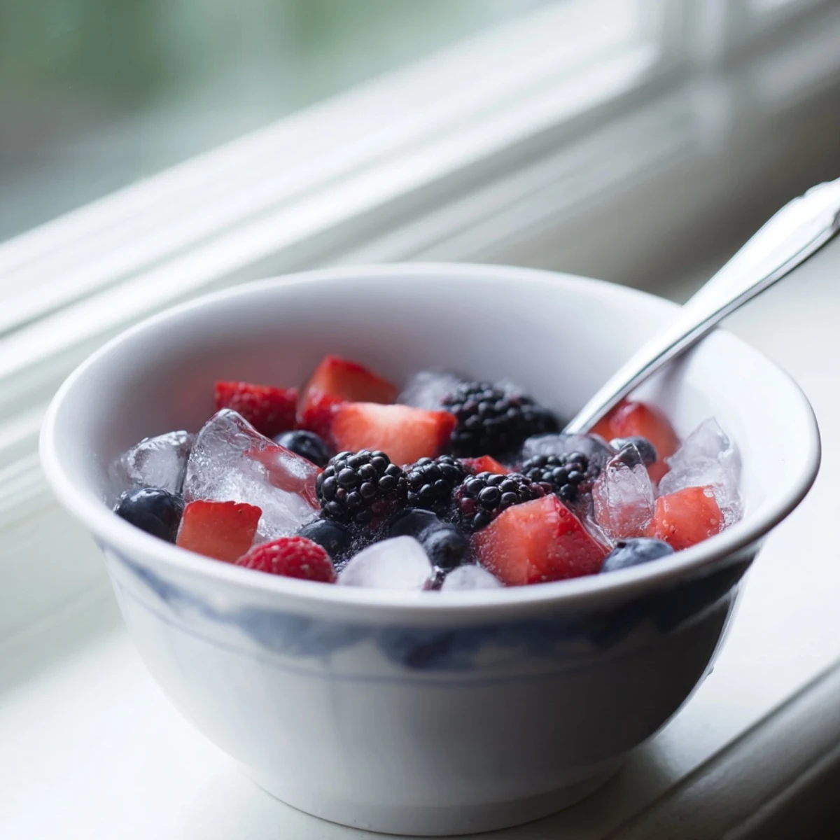 A cooling, colorful Nature's Cereal Bowl brimming with fresh fruit, perfect for a vegan breakfast.