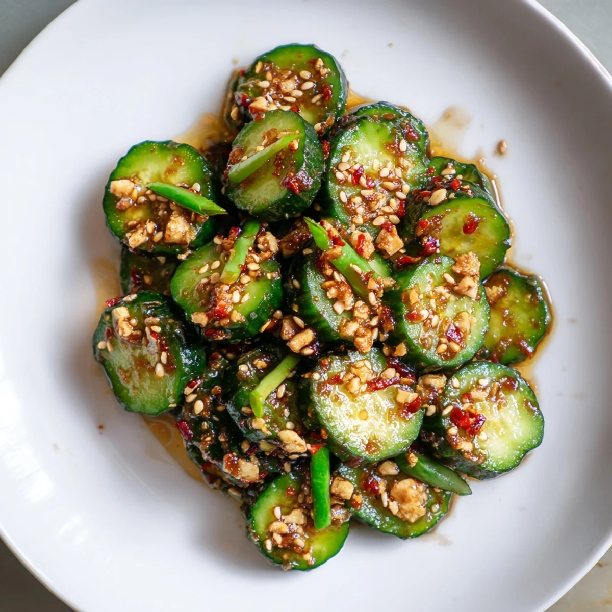 Crisp and flavorful Shake Shake Garlic Cucumbers, a vibrant Asian-inspired side dish with chopped green onions.