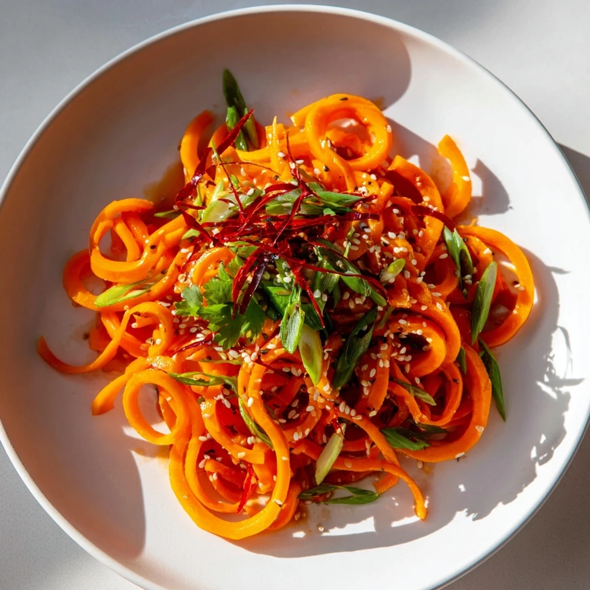 Vibrant Carrot Ribbon Salad Asian-Style with sesame seeds, a visually appealing vegetarian side dish.