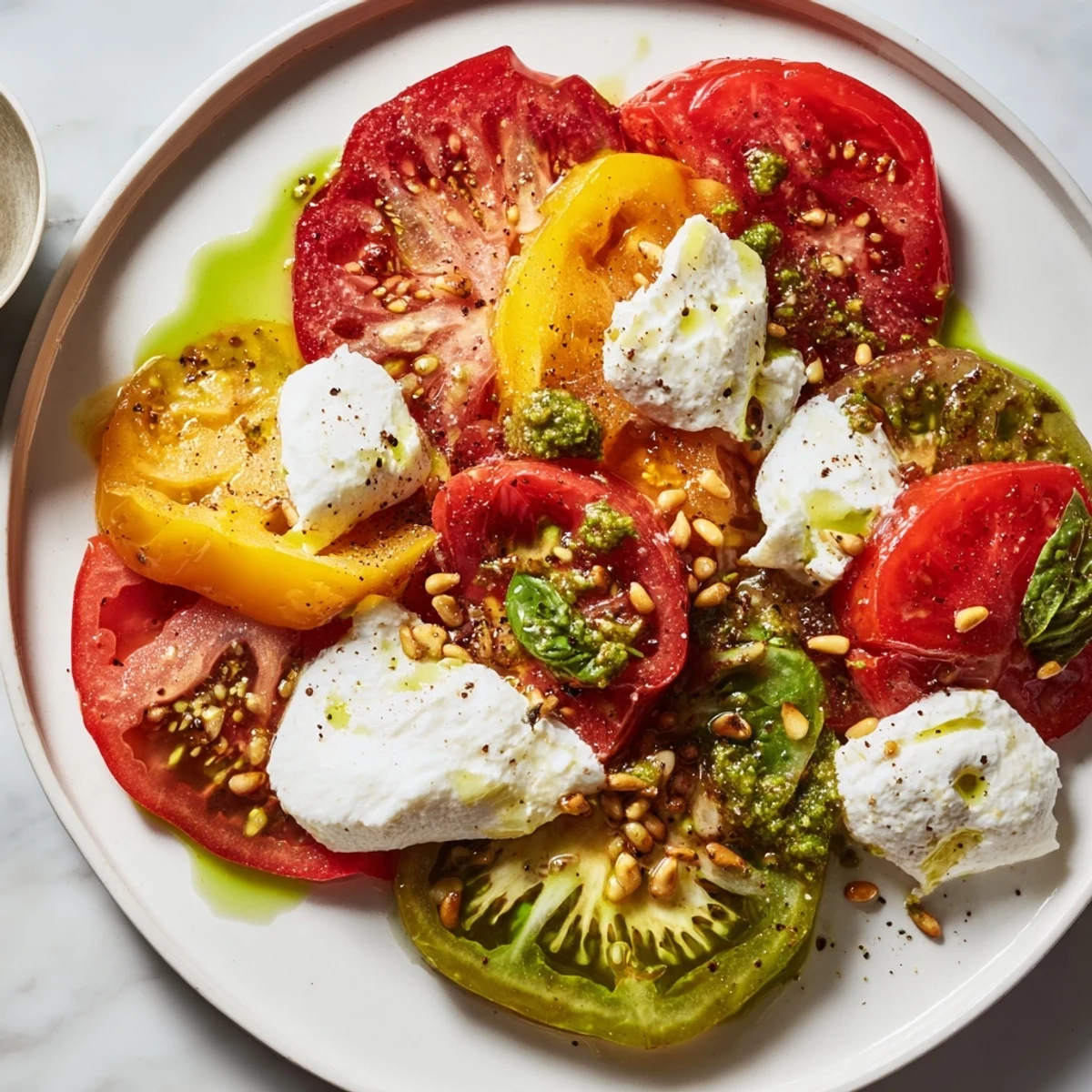 Enjoy a refreshing Heirloom Tomato Salad Board: colorful tomatoes with burrata, ready to be shared with crusty bread.