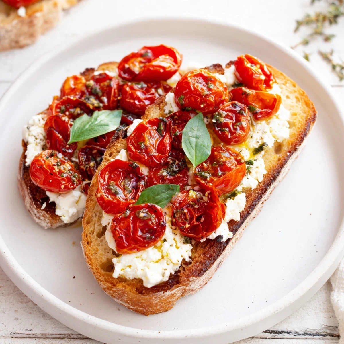 Crusty sourdough supporting creamy baked feta and roasted cherry tomatoes, a Mediterranean Baked Feta Toast.