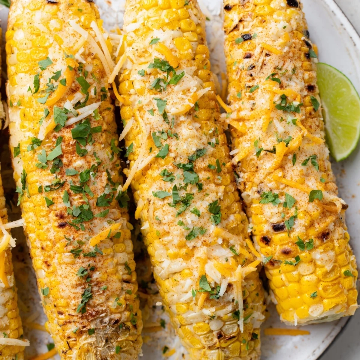 Golden, cheesy corn ribs fresh from the oven, ready for a flavorful bite with lime wedges.