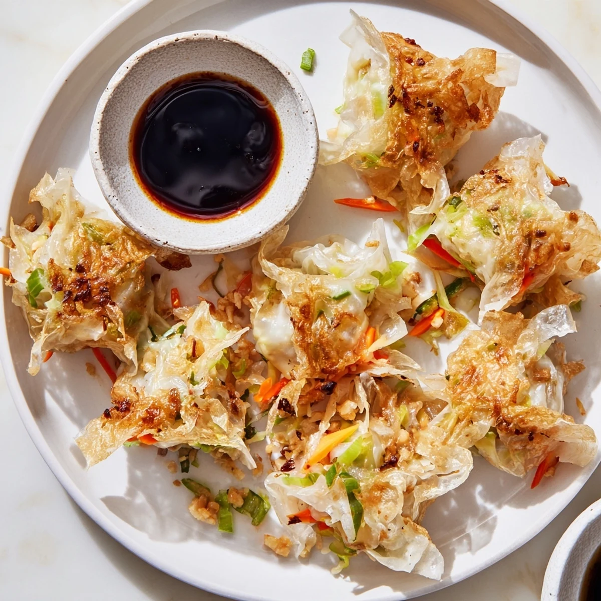Golden-brown crispy rice paper dumplings, filled with savory meat, ready to dip.