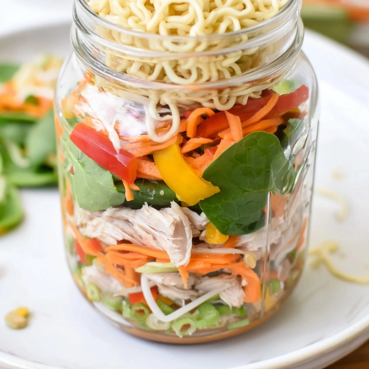 A close-up of a Mason Jar Noodle Meal Prep showing noodles, veggies, and savory sauce ready to eat.