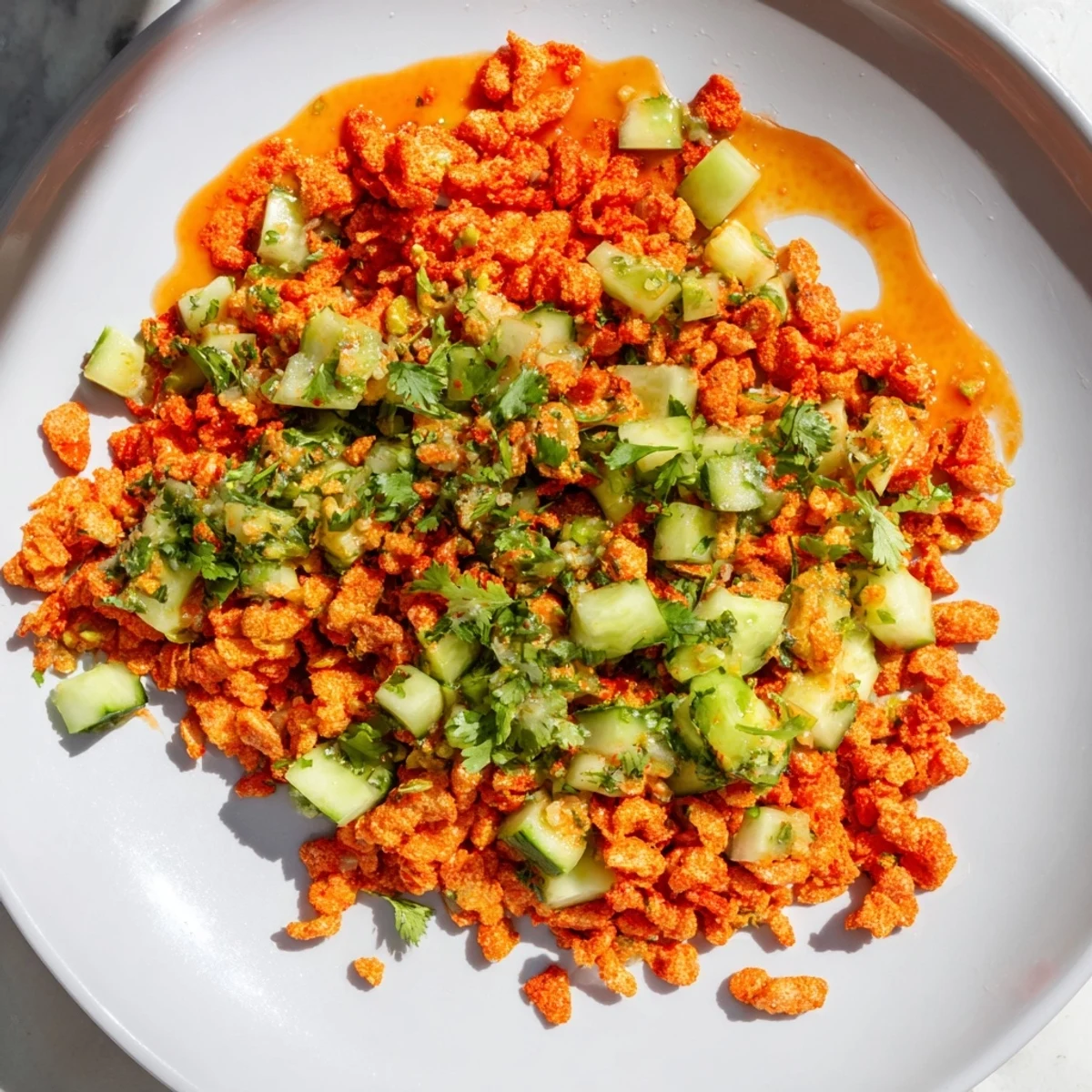 Enjoy the crunch: a close-up of Flamin Hot Cheeto Salad, ready for a spicy bite!