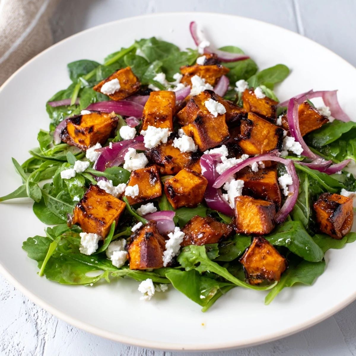 Roasted Sweet Potato Salad with golden sweet potatoes, arugula, feta, and honey-lime dressing.