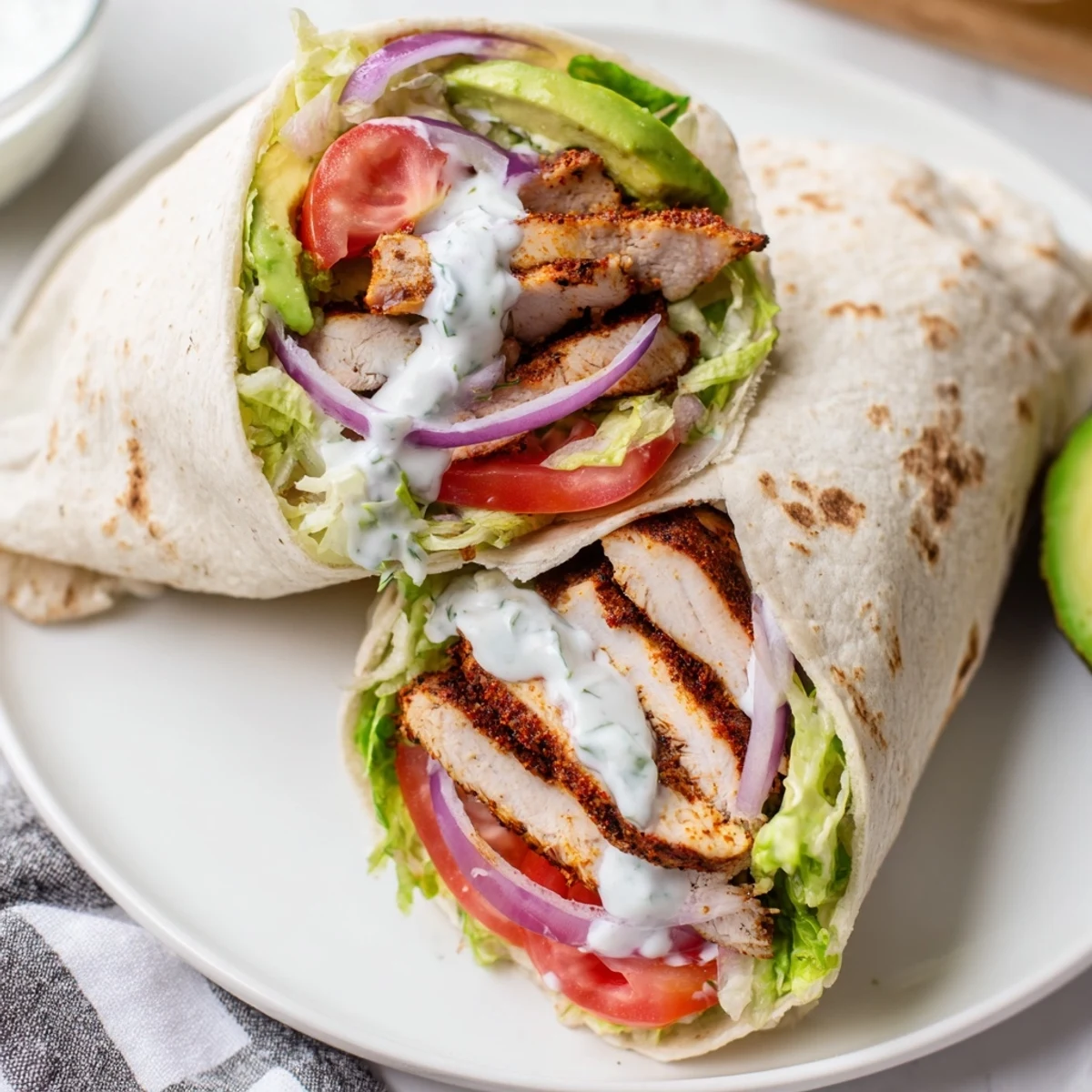 Delicious smoky chipotle chicken wraps; imagine tender chicken with a tangy yogurt dressing and fresh veggies.