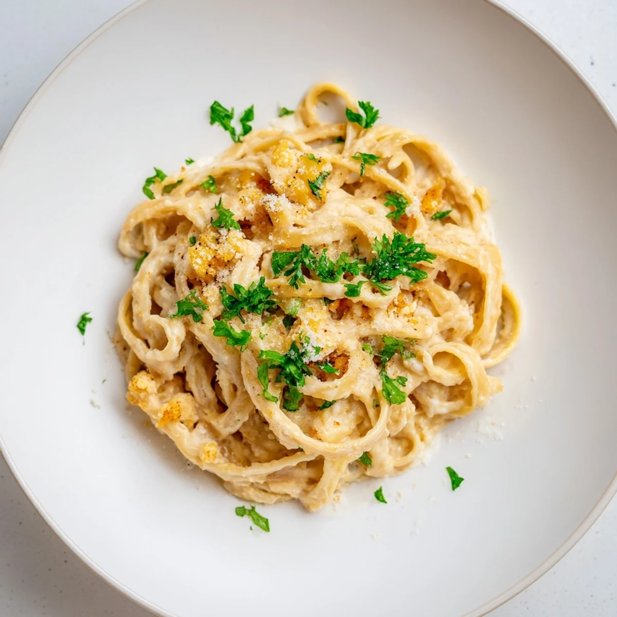 Close-up of velvety smooth roasted cauliflower Alfredo sauce, ready to coat your favorite pasta.