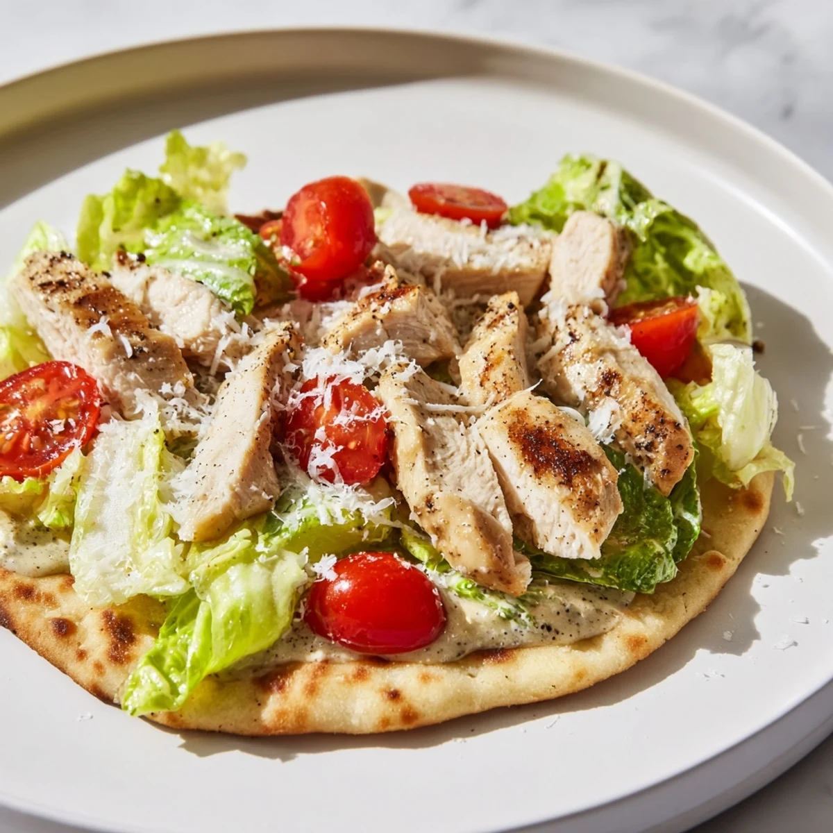 Golden Chicken Caesar Flatbread, piled high with grilled chicken, fresh lettuce, and creamy Caesar dressing.