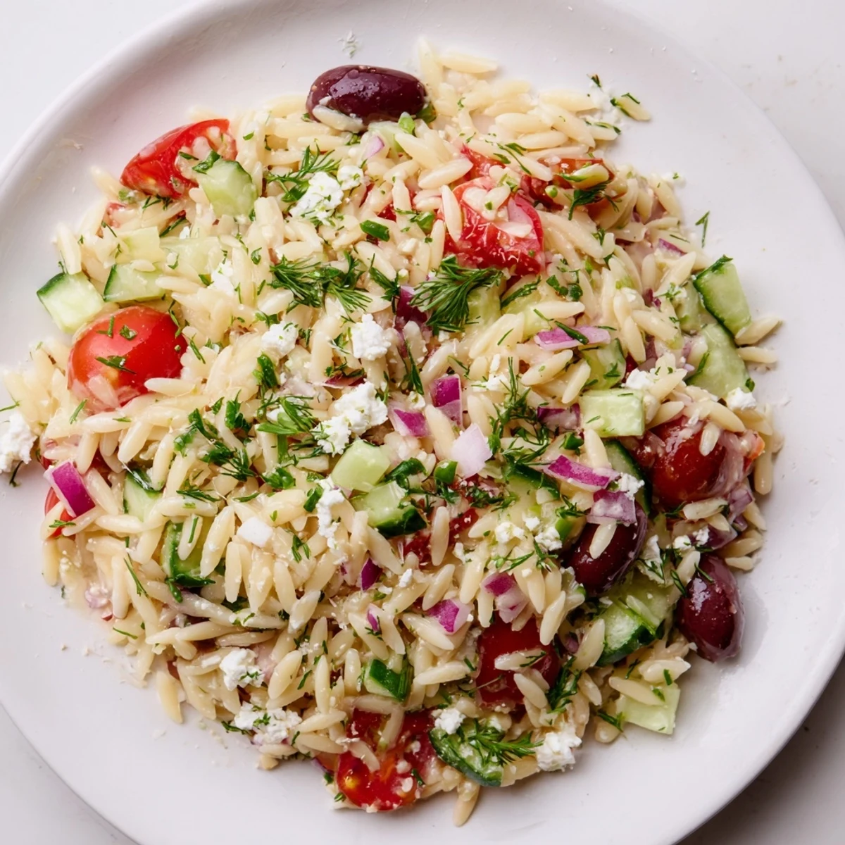A close-up of a refreshing Greek orzo salad, showcasing colorful ingredients and dressing.