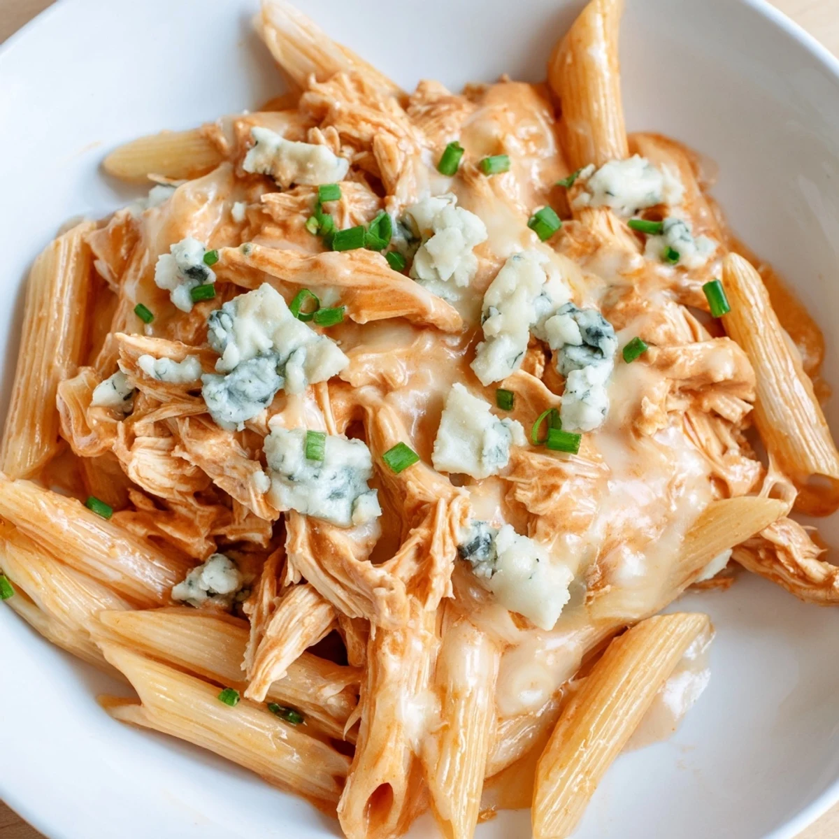 Steaming Buffalo Chicken Pasta, topped with blue cheese, ready for a comforting American meal.