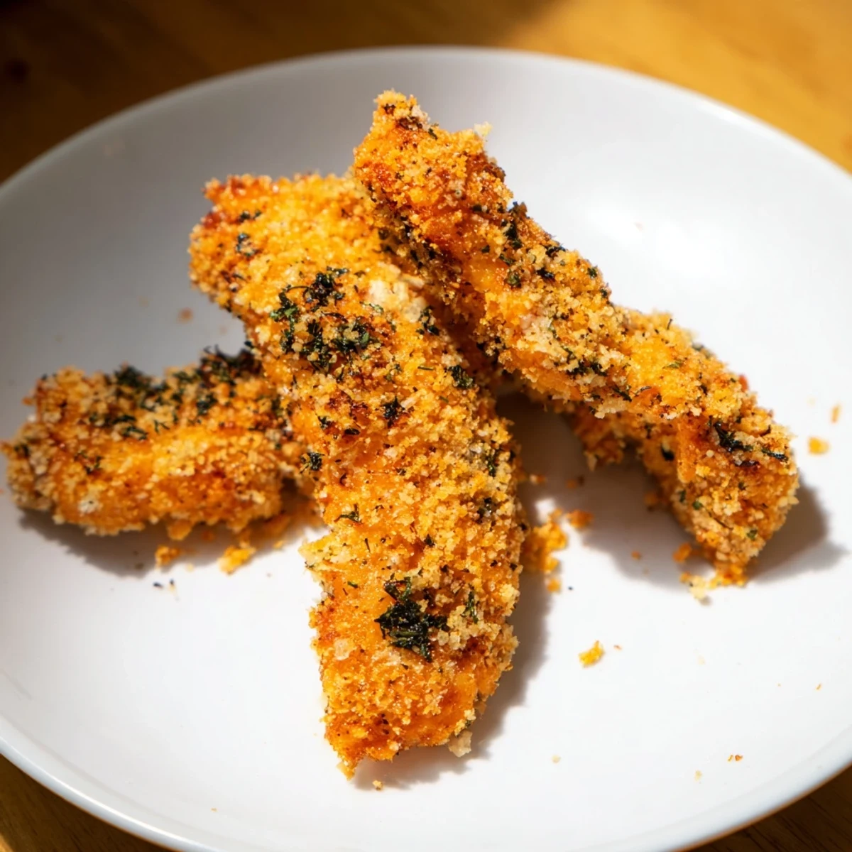 Golden, oven-baked crispy panko chicken strips, showing a satisfyingly crunchy texture ready for dipping.