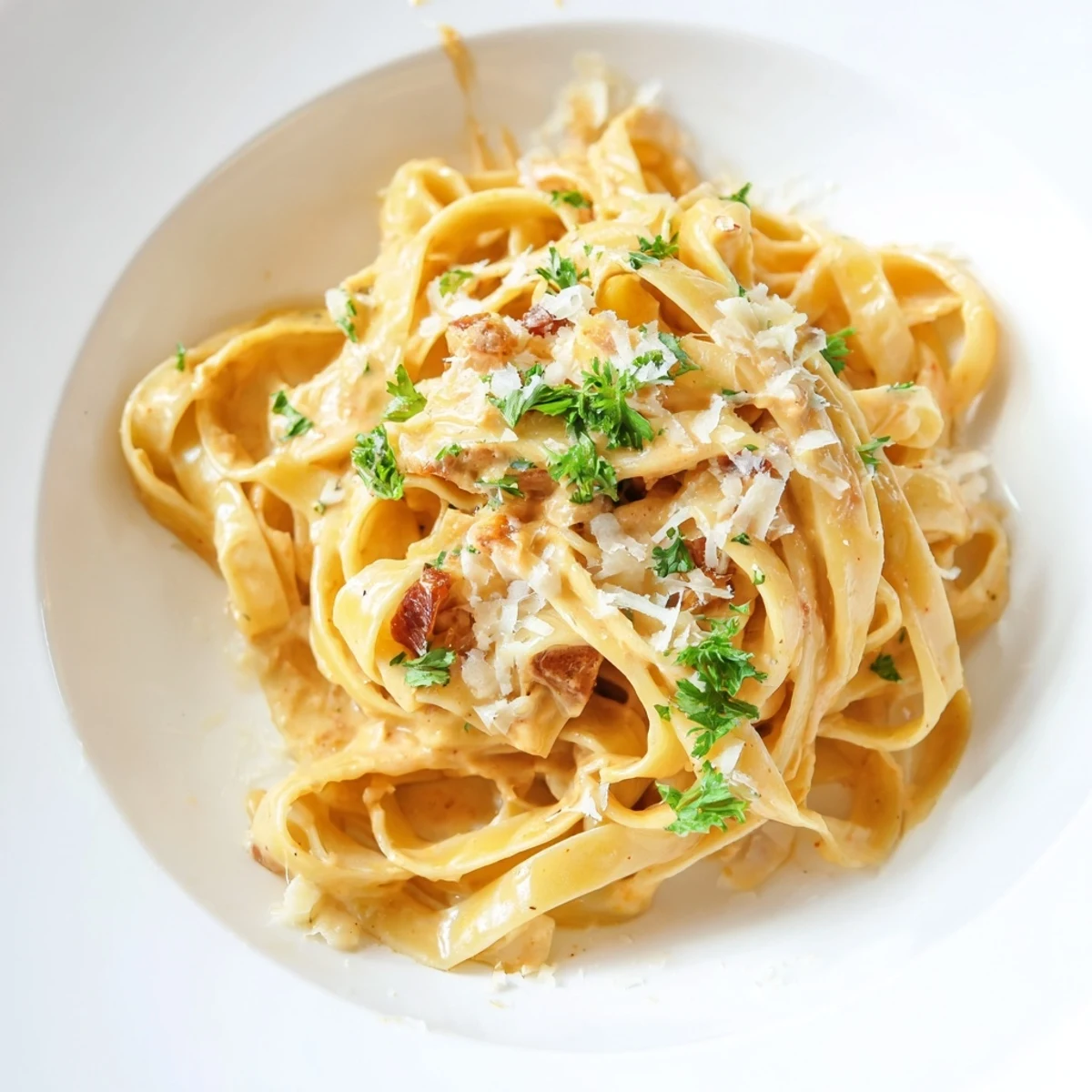Golden strands of Sriracha Honey Pasta, coated in a creamy, glossy sauce, ready to serve and enjoy.