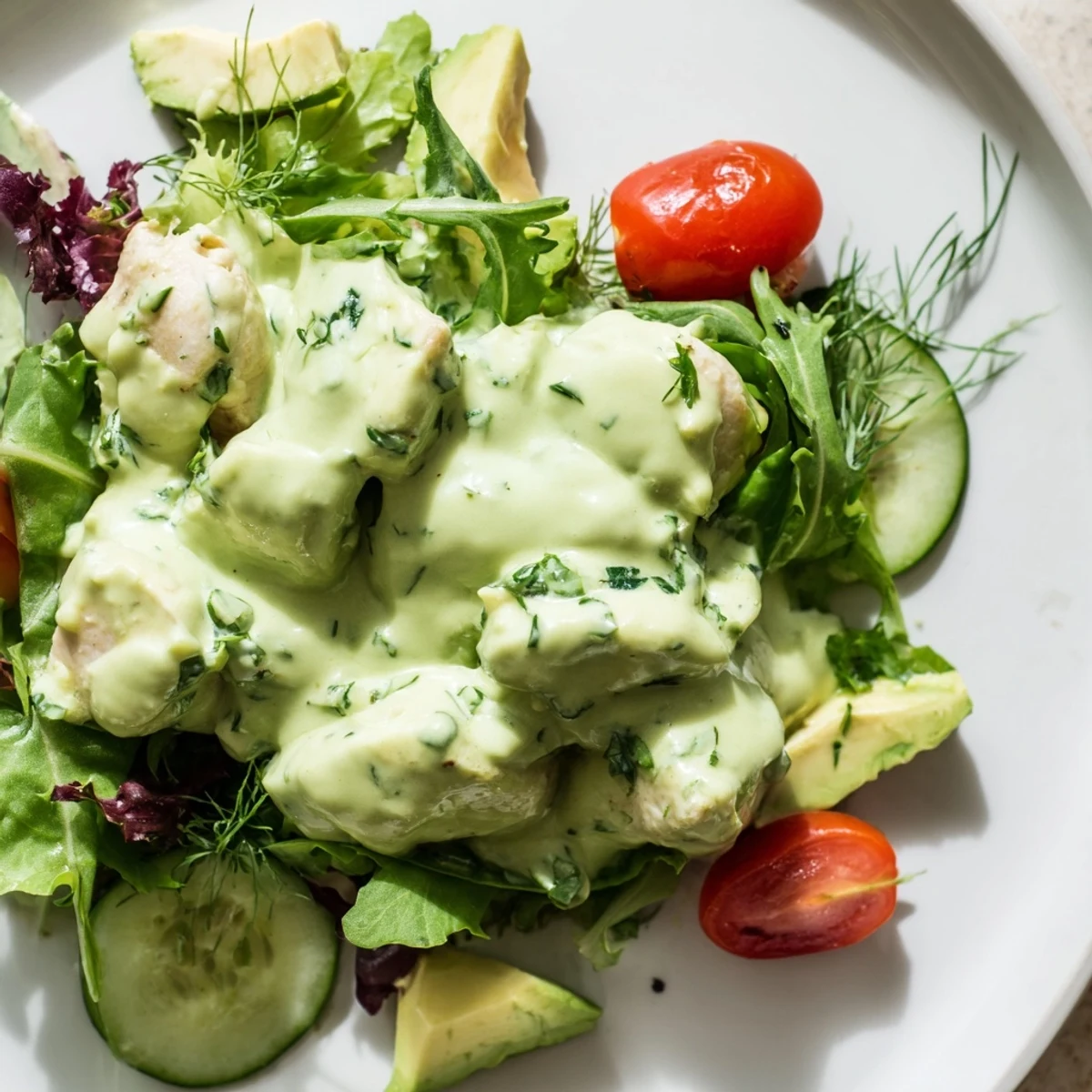 Creamy Green Goddess Chicken Salad with vibrant green herbs and tender chicken pieces.
