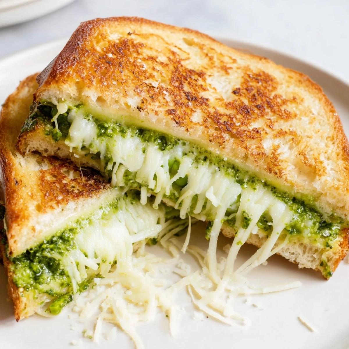 Melted mozzarella oozes from a vibrant spring pea pesto grilled cheese served on crispy sourdough.