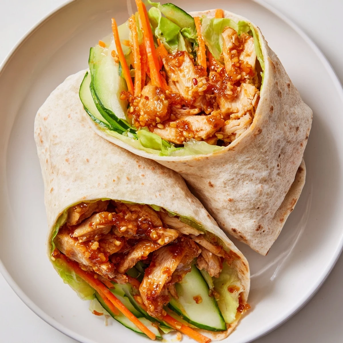 Honey chili crunch chicken wrap, showcasing juicy chicken and vibrant vegetables, perfect for a quick, flavorful lunch.