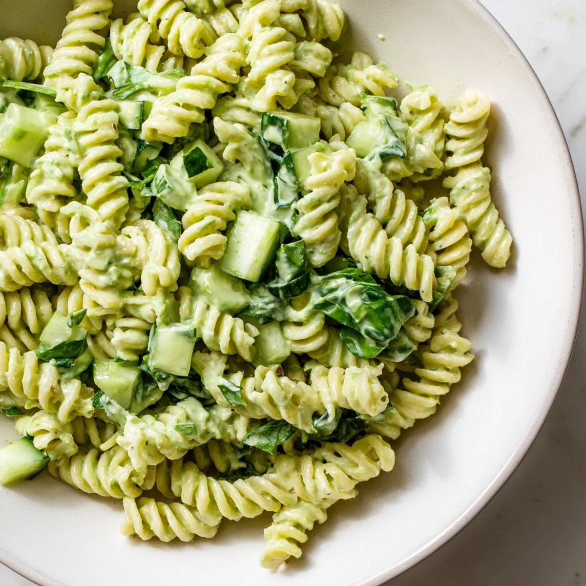 Green Goddess Pasta Salad, a bright combination of fresh herbs, pasta, cucumber, and creamy dressing.