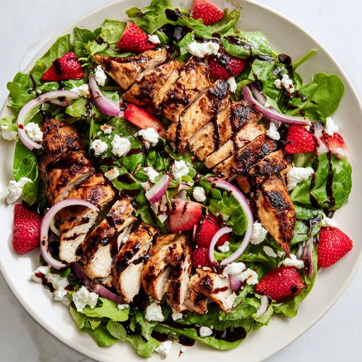 Fresh ingredients make up this inviting Strawberry Balsamic Chicken Salad, ready for a delicious meal.