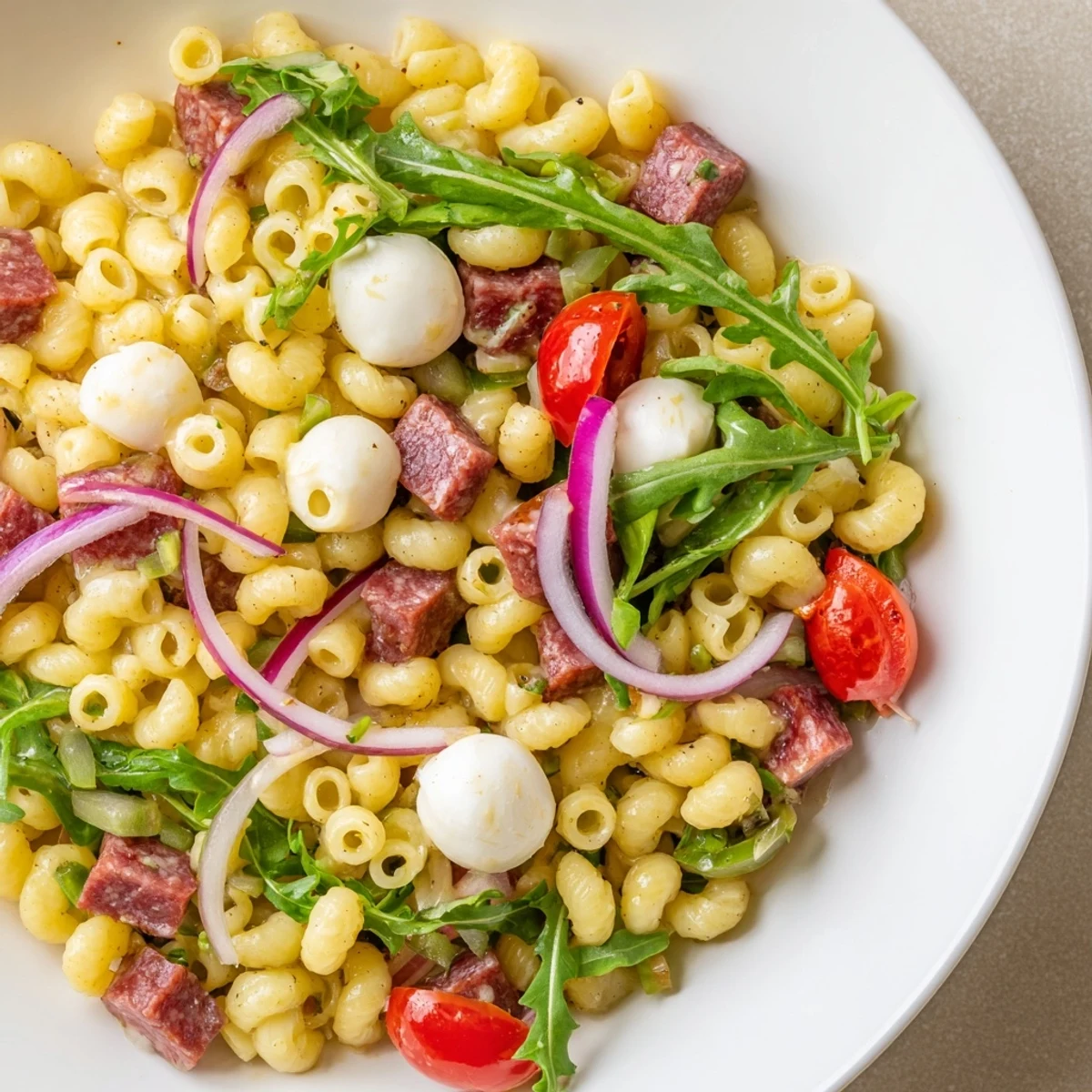 Vibrant Spring Antipasto Pasta Salad with salami and mozzarella; a colorful, refreshing Italian-American dish.