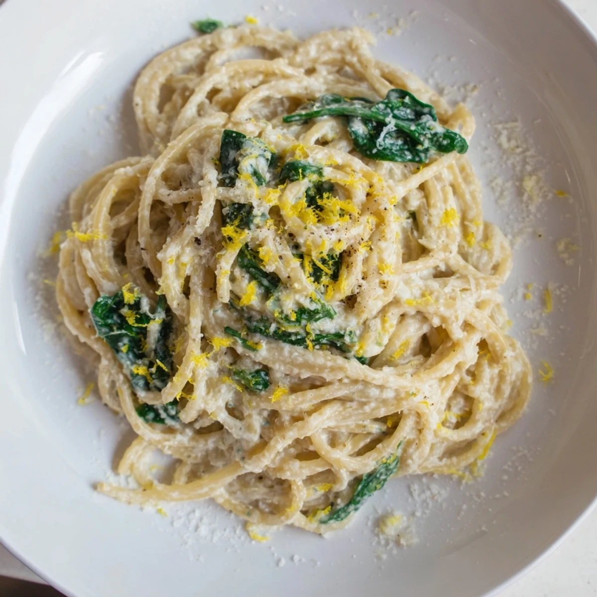 Bright and creamy: this bowl of Creamy Lemon Spinach Spaghetti offers a comforting Italian dinner.