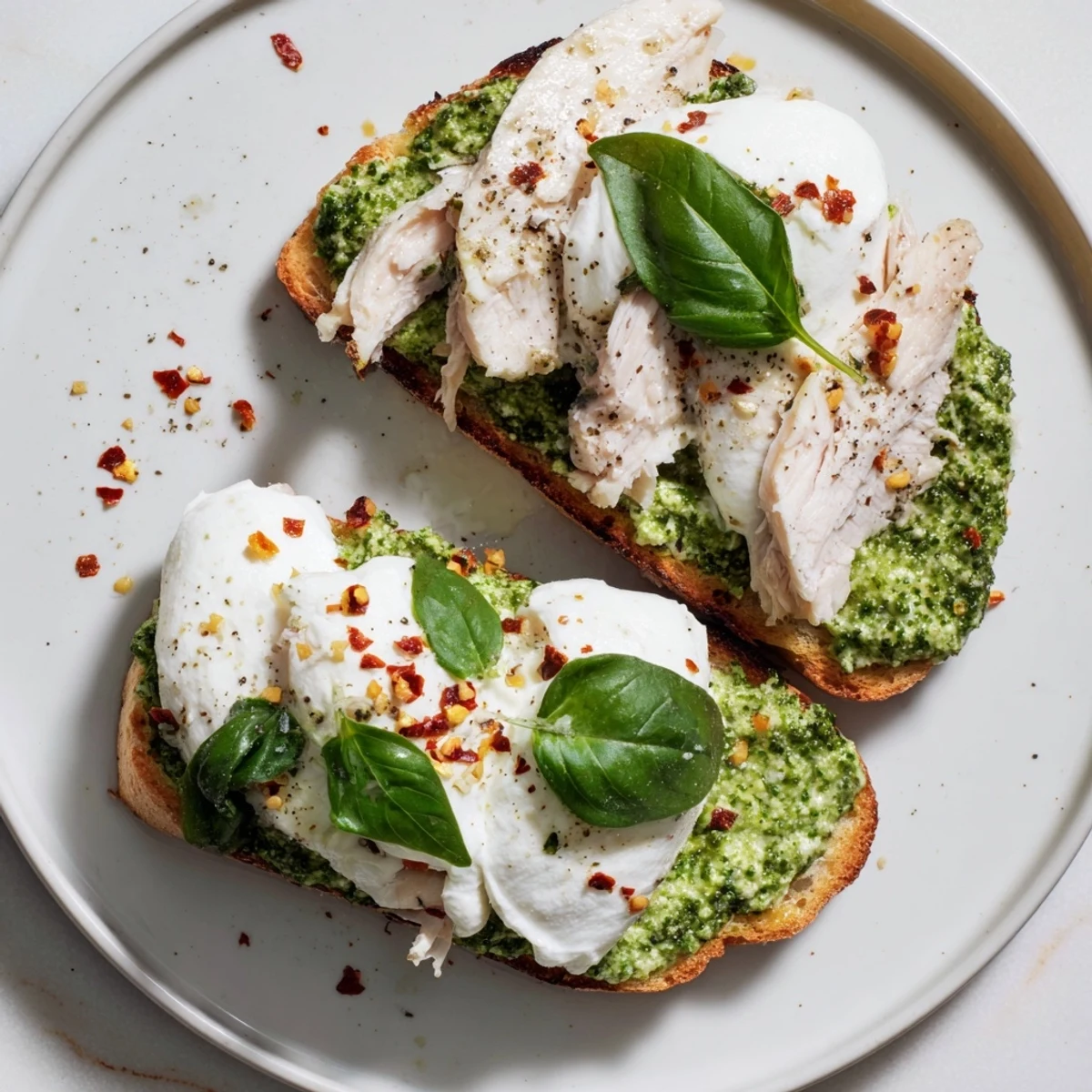 Warm, creamy Pesto Chicken Burrata Toast with juicy chicken and vibrant pesto, ready to serve as a tasty appetizer.