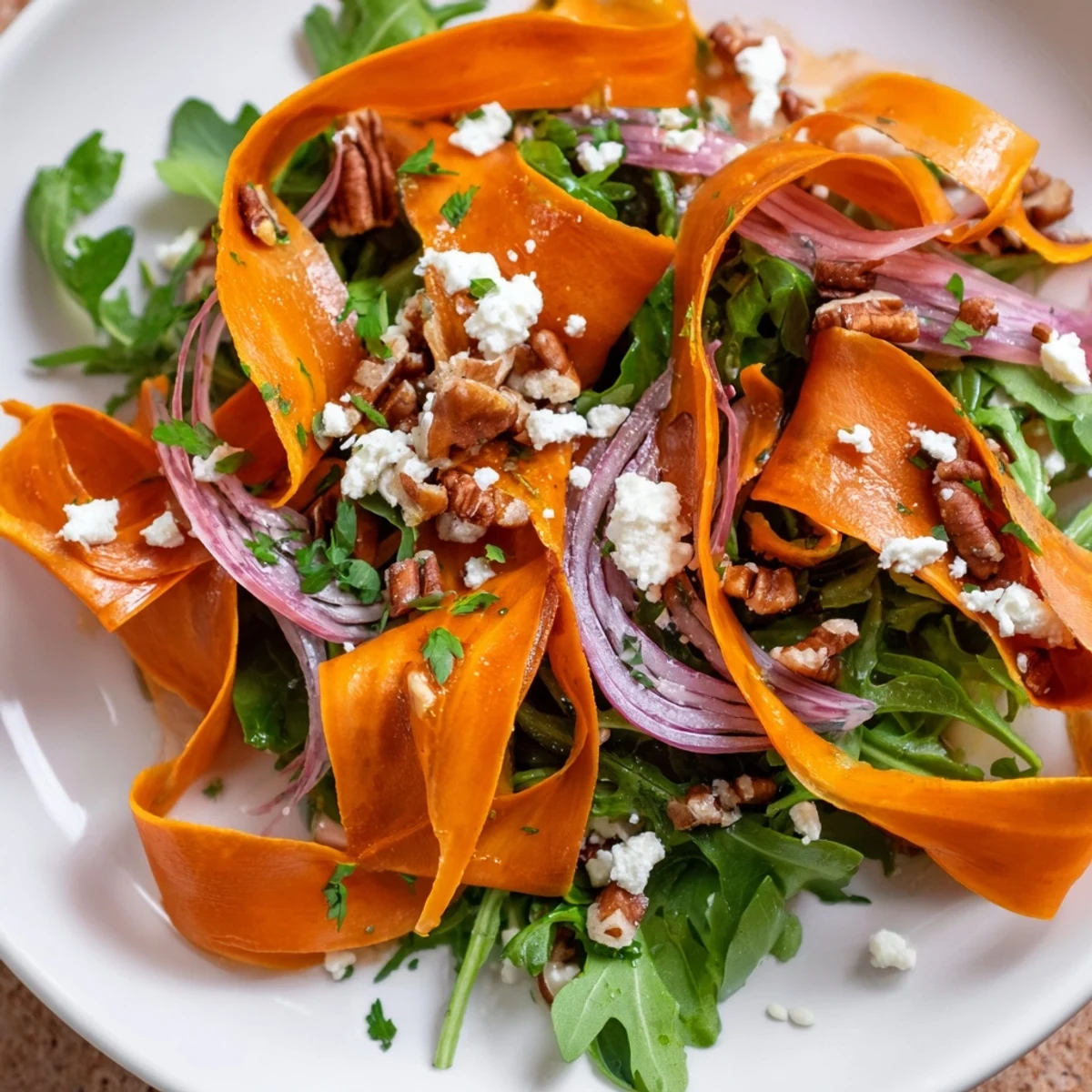 Enjoy the sweet and savory flavors of this easy roasted carrot ribbon salad recipe.