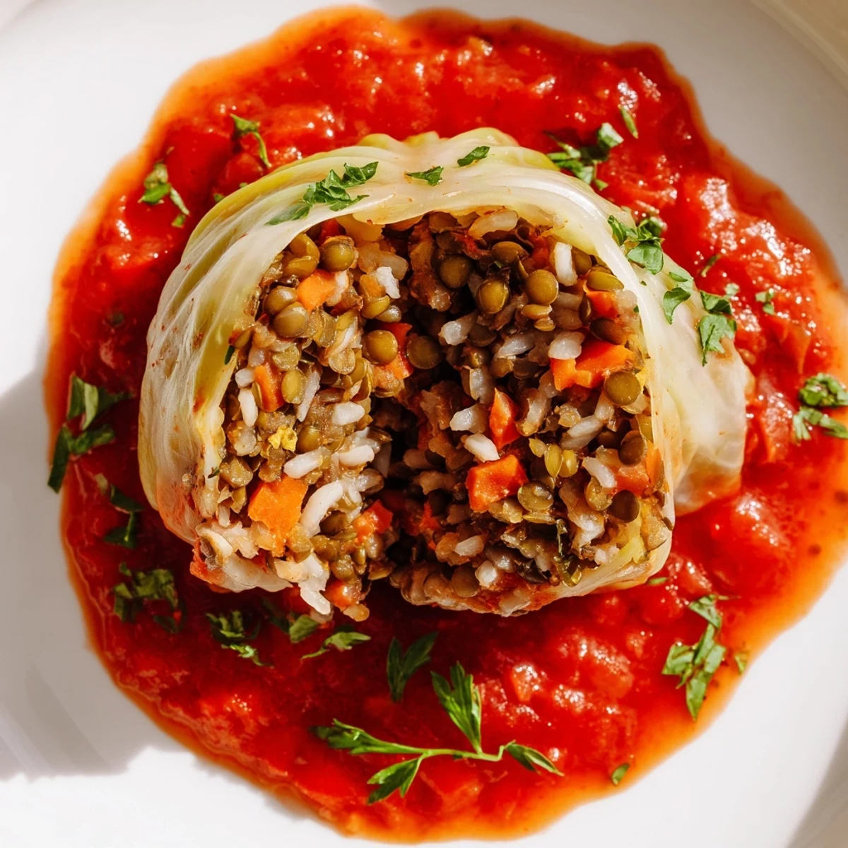 Golden-brown Baked Vegan Cabbage Rolls bubbling with rich tomato sauce in a ceramic baking dish.