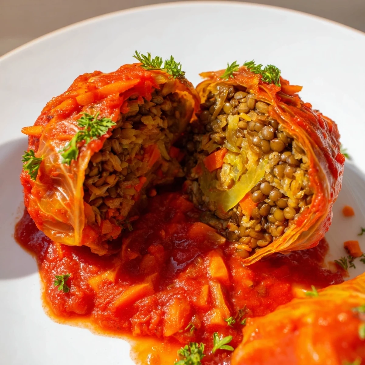 Tender green cabbage leaves stuffed with lentils and rice for a comforting plant-based meal.