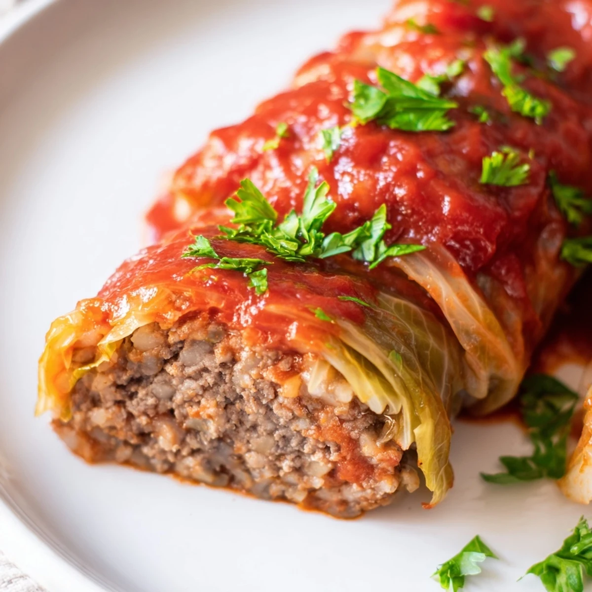 Golden-baked cabbage rolls with savory ground beef filling, covered in a thick, aromatic tomato sauce and garnished with fresh parsley.