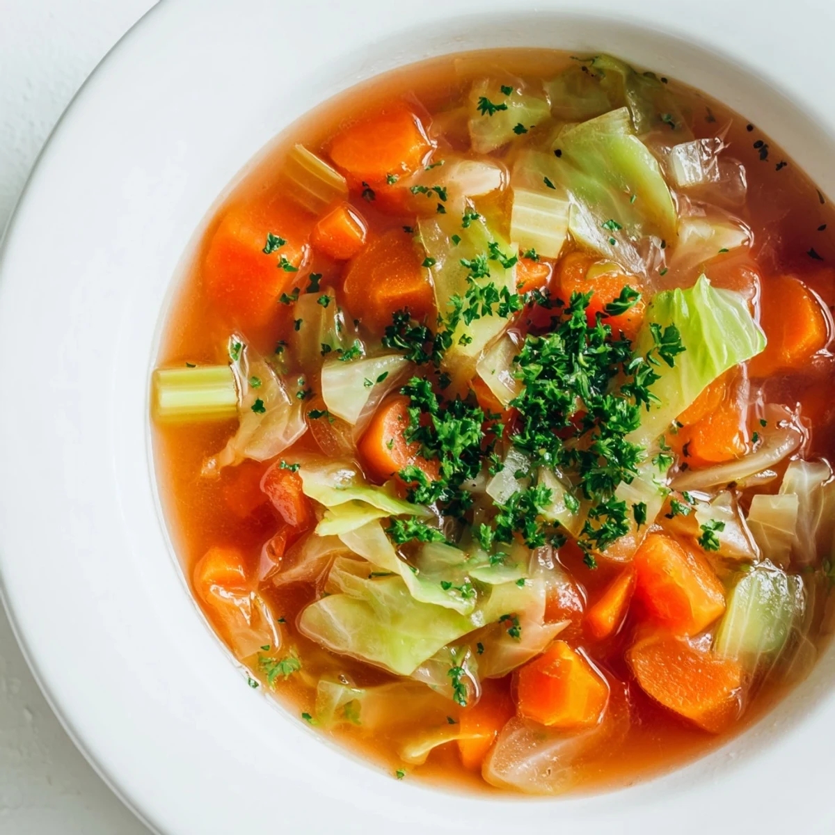 A close-up of Classic Cabbage Soup in a rustic bowl, showing tender green cabbage, carrots, and celery in a rich tomato broth.