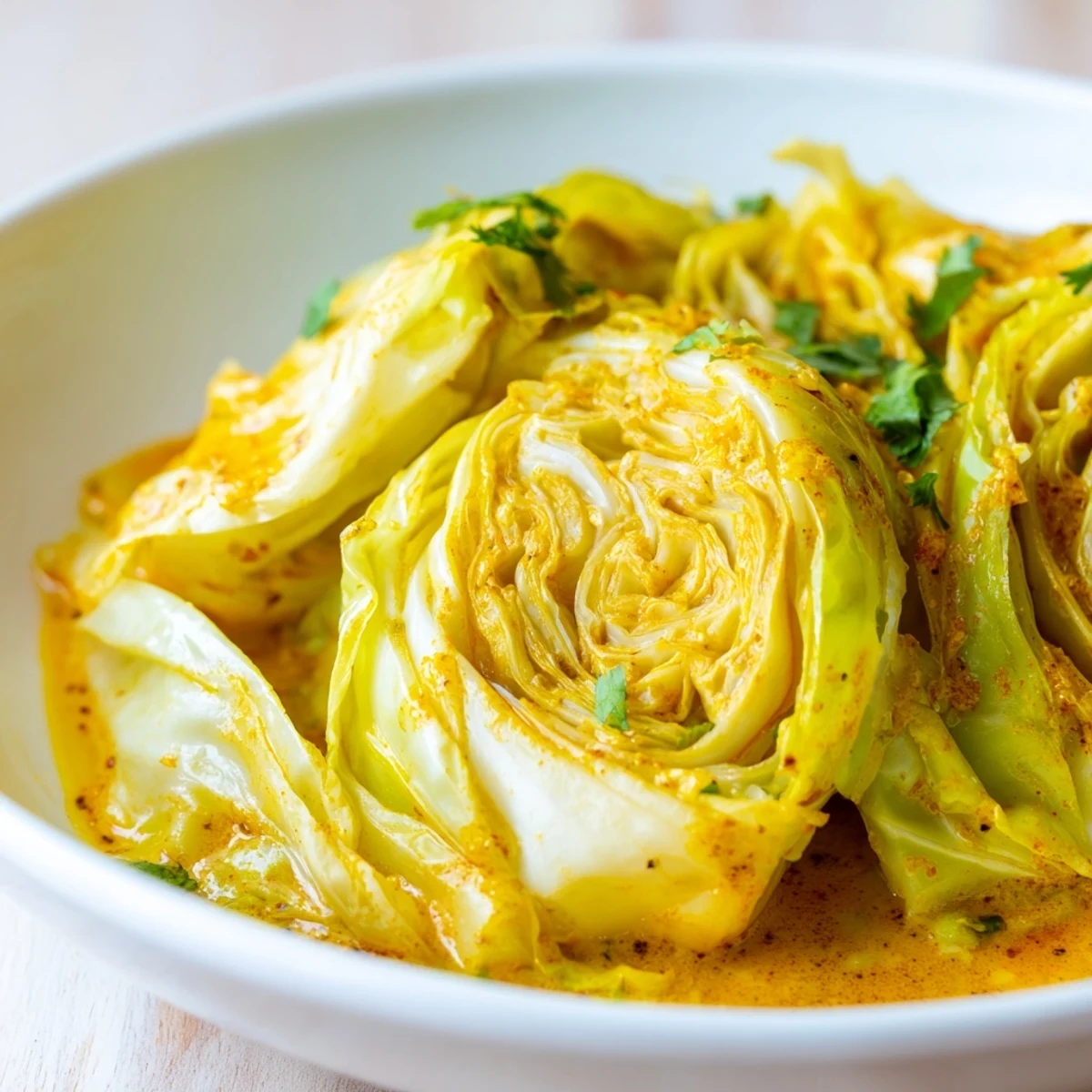 Tender cabbage slices swimming in creamy coconut milk, flecked with golden turmeric and fresh cilantro, served as a vibrant side dish.  