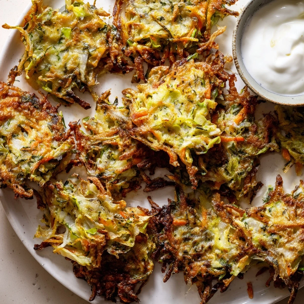 Crispy vegetarian Cabbage Fritters with Dipping Sauce, golden edges visible next to a tangy lemon dip.
