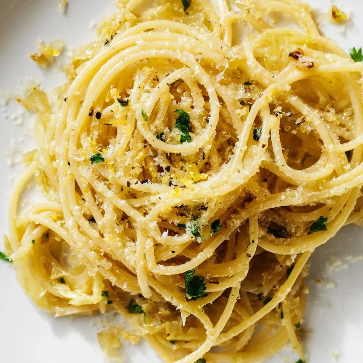 Golden cabbage and al dente pasta coated in buttery garlic sauce, topped with extra Parmesan.