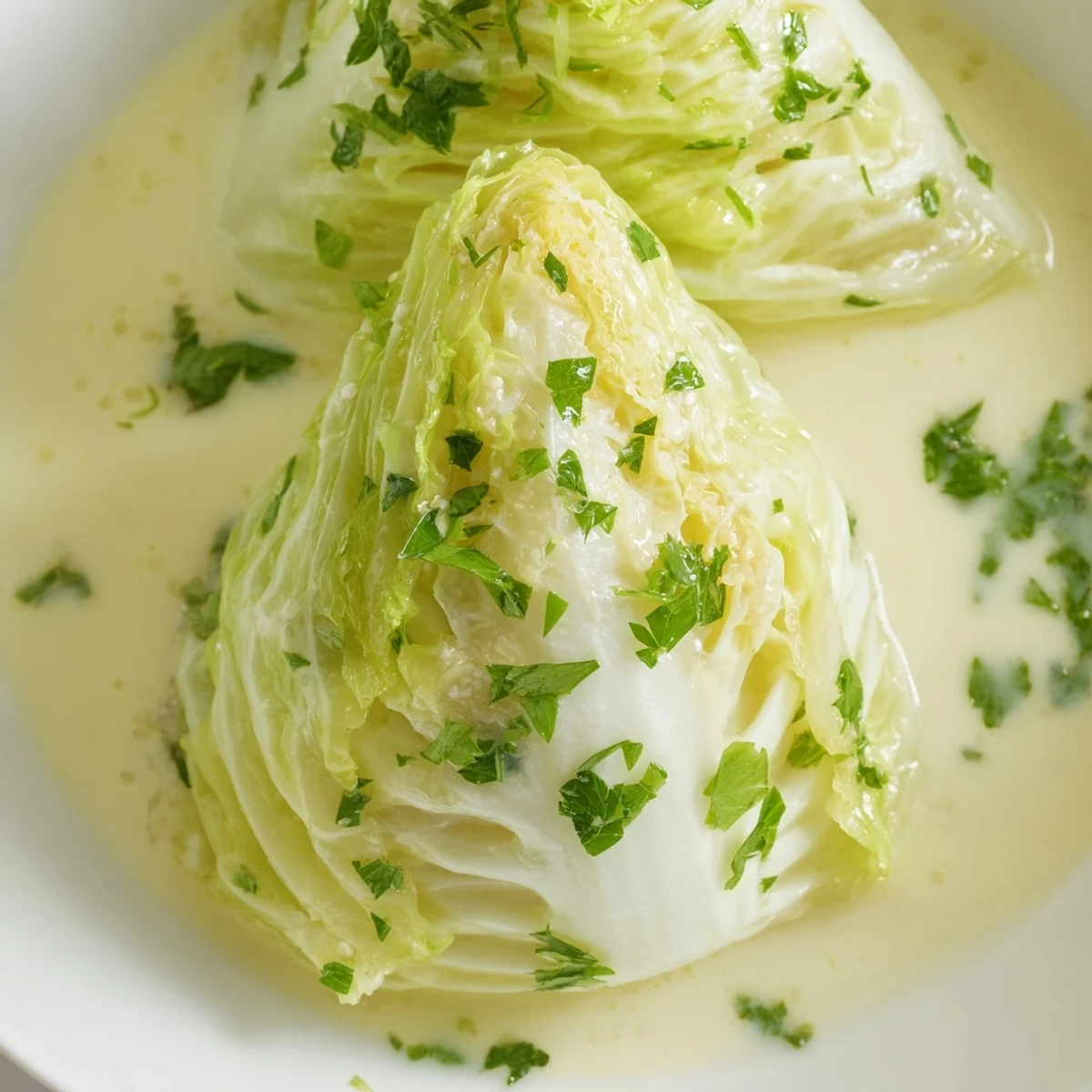 Wide shot of plated Herby Cabbage in Parmesan Broth served alongside rustic bread, perfect for dipping into the broth.