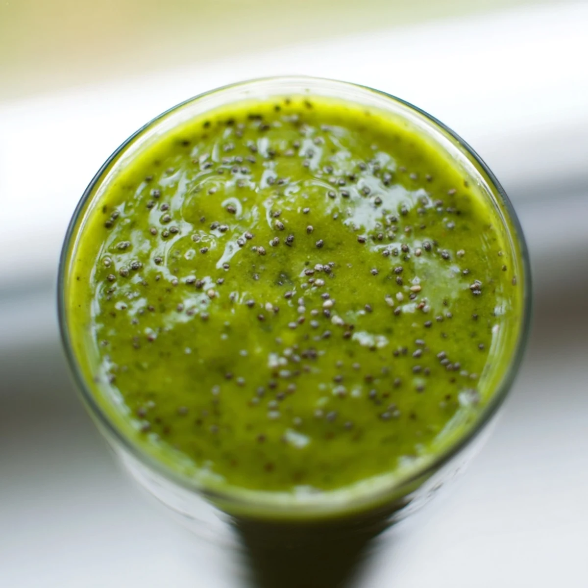 Glass of green detox smoothie beside sliced apple, lemon wedge, and chia seeds, served over ice for a refreshing morning start.