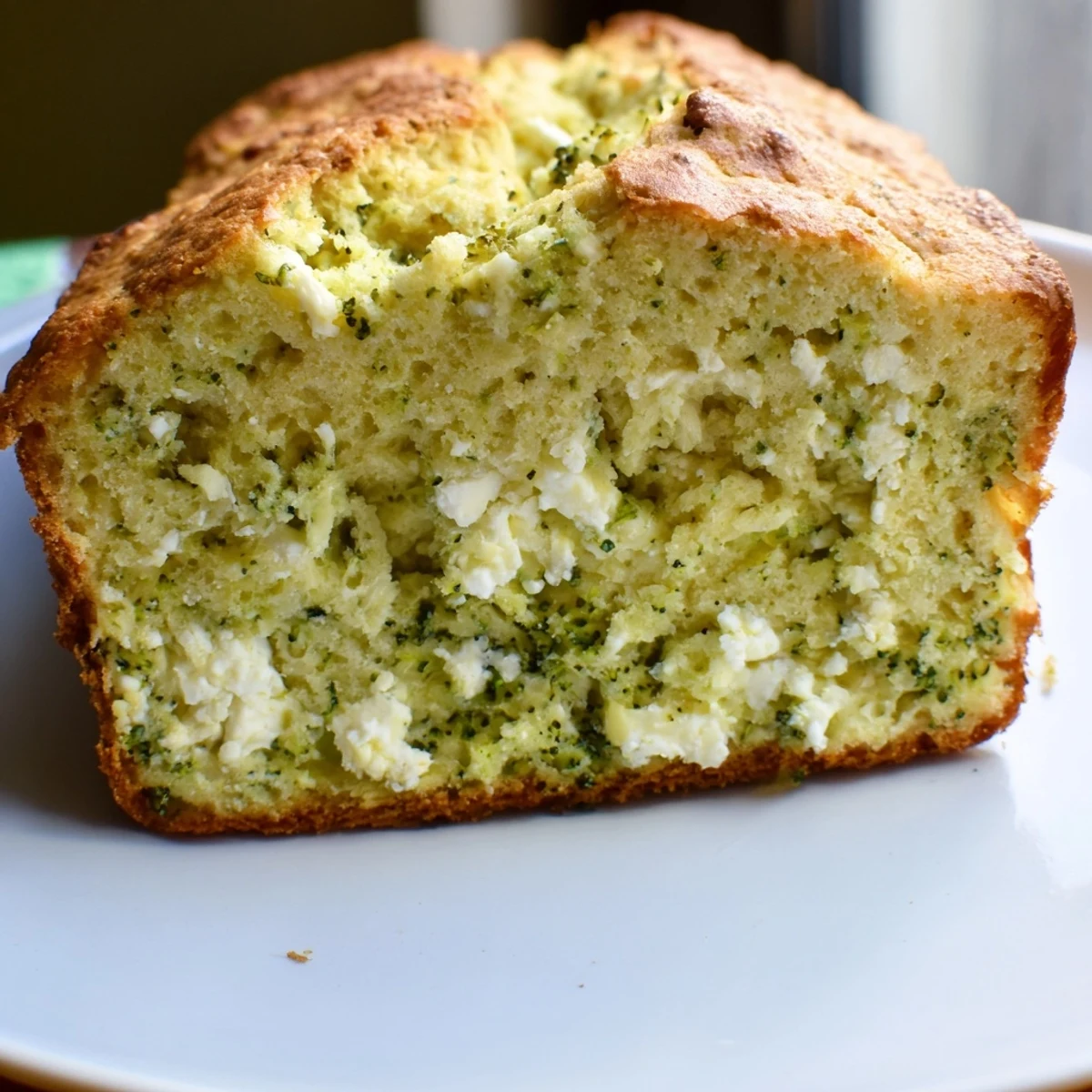 A freshly baked broccoli and feta loaf, featuring golden crust and vibrant green florets, ready for slicing on a wooden board.  
