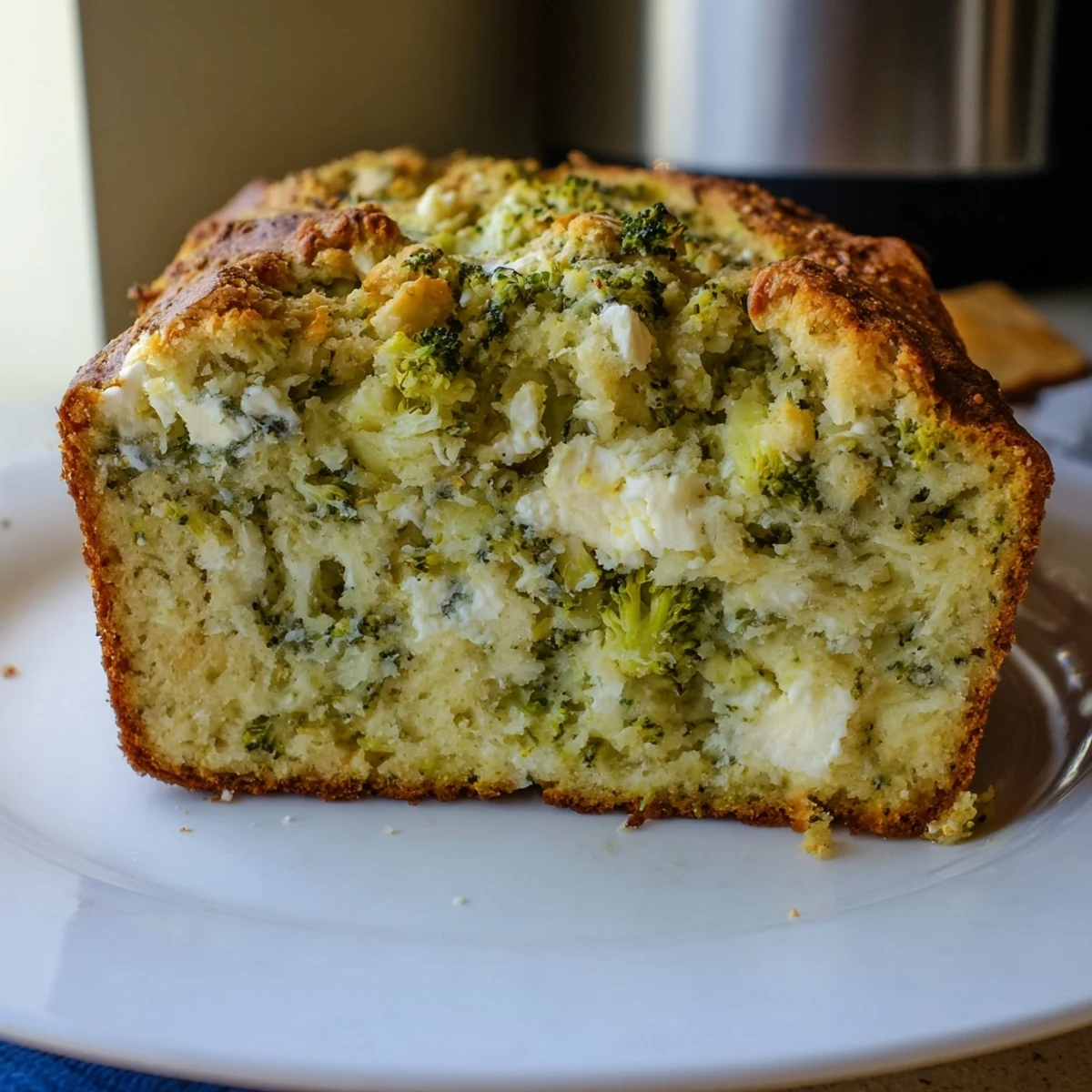 Sliced broccoli and feta loaf showcasing tender vegetable pieces and crumbled feta, ideal for toasting or serving with soup.
