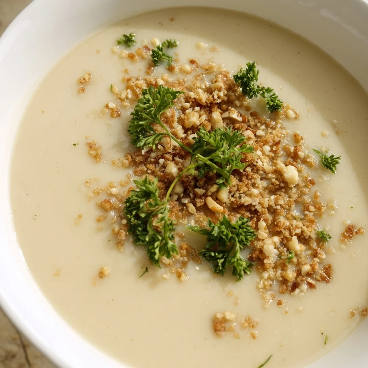 A steaming bowl of roasted celeriac soup with hazelnut crumble, garnished with fresh parsley.  