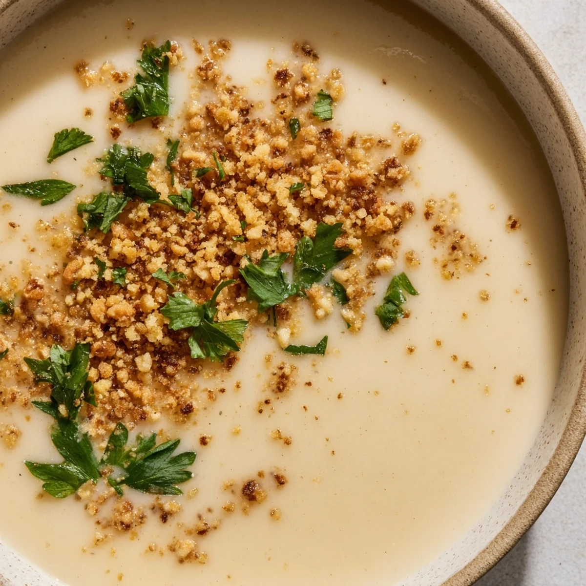 Earthy roasted celeriac soup topped with crunchy toasted hazelnut crumble for added texture.  