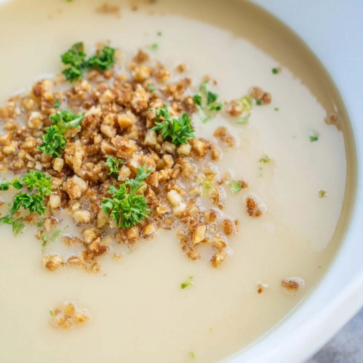 Velvety celeriac soup served hot, garnished with golden hazelnut crumble and fresh parsley.