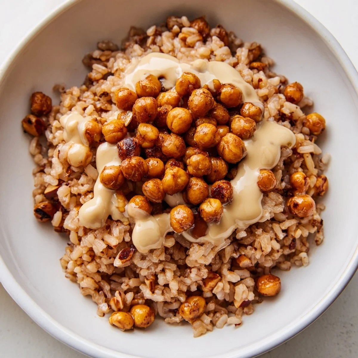 Savory Peanut Chickpea Rice Bowl in a white ceramic bowl, featuring roasted peanuts, scallions, and carrots, ready to be enjoyed as a satisfying vegan main dish.