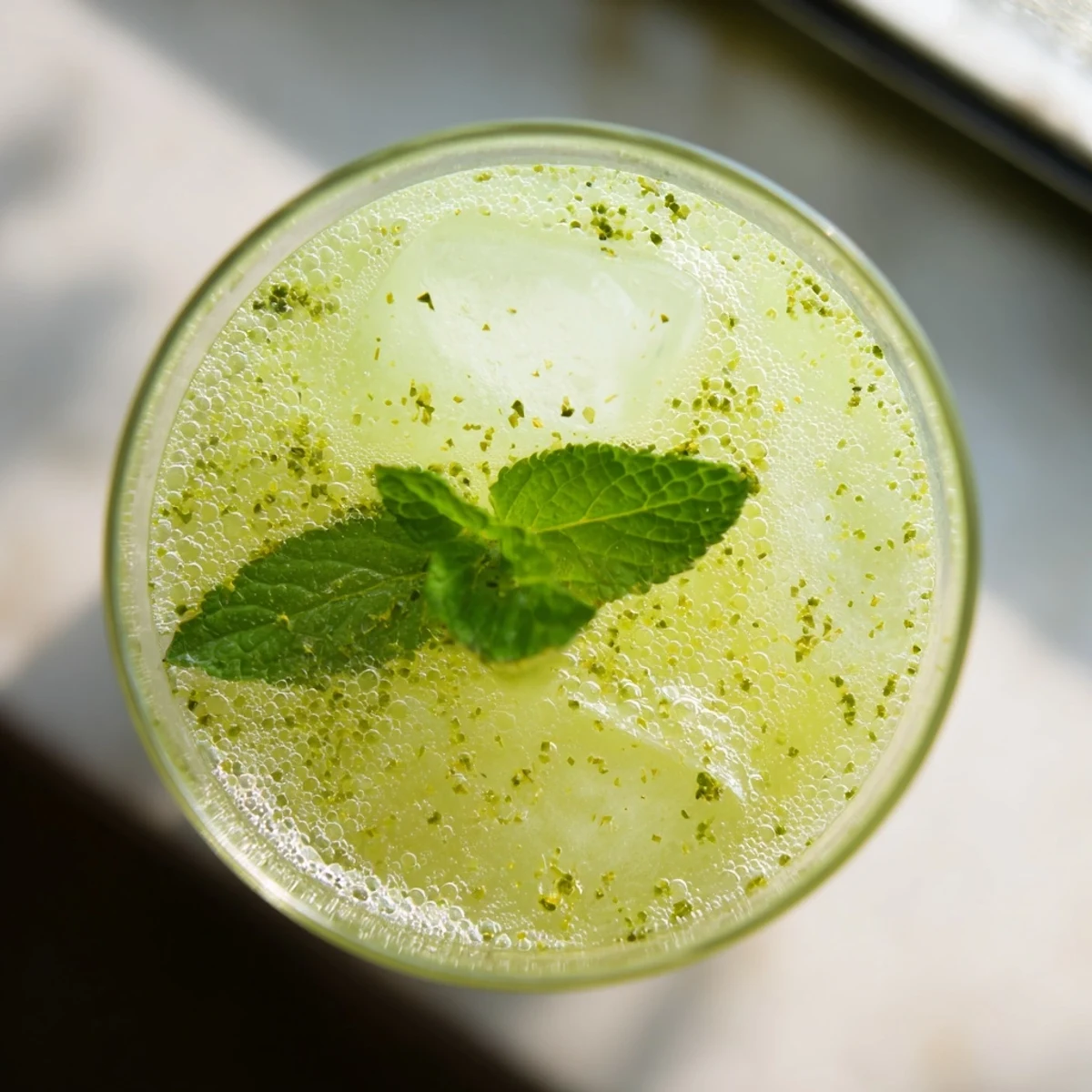 A tall glass of vibrant Celery Ginger Lemon Juice filled with bright green liquid, garnished with fresh mint and a lemon slice, resting on a clean white countertop.