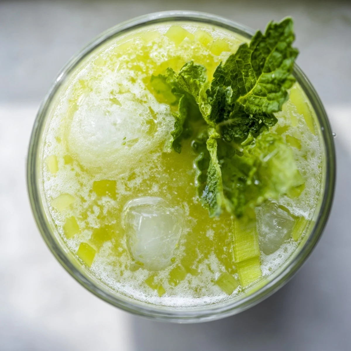 Bright green Celery Ginger Lemon Juice in a clear mason jar, garnished with celery stalks and lemon wheels, served over ice for a refreshing drink.