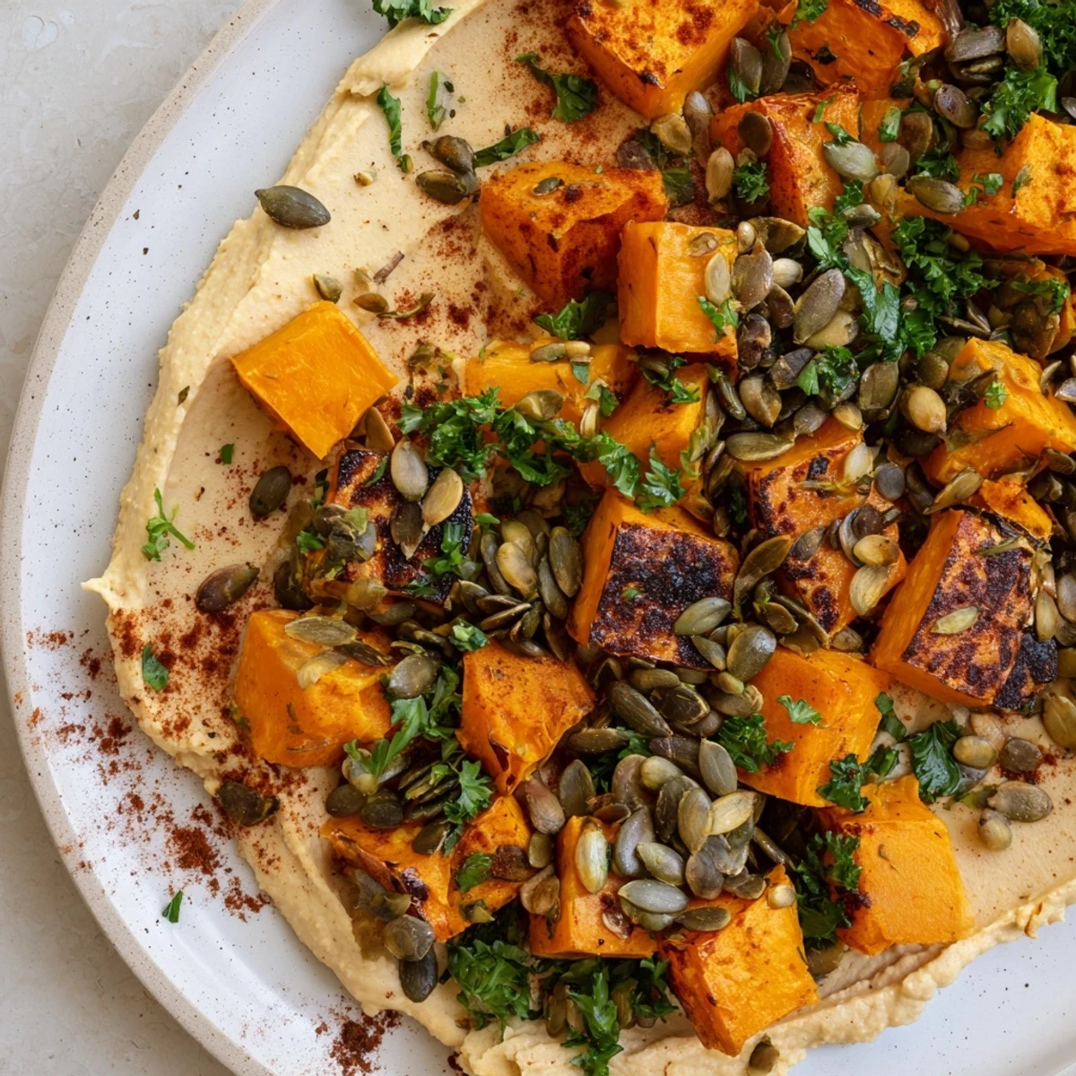 Golden roasted butternut squash and sweet potatoes nestled over creamy butter bean hummus, topped with toasted seeds.  
